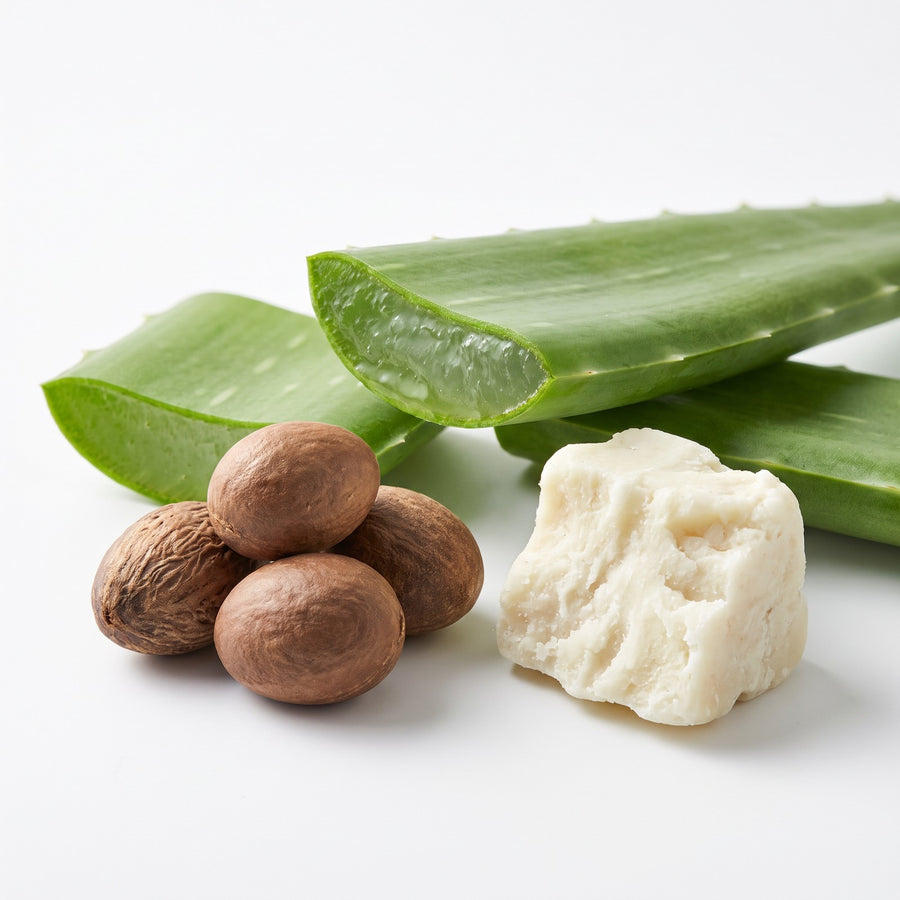 Aloe vera leaves, shea nuts and a piece of raw shea butter, the key plant actives in the Vegan Biotin Conditioner
