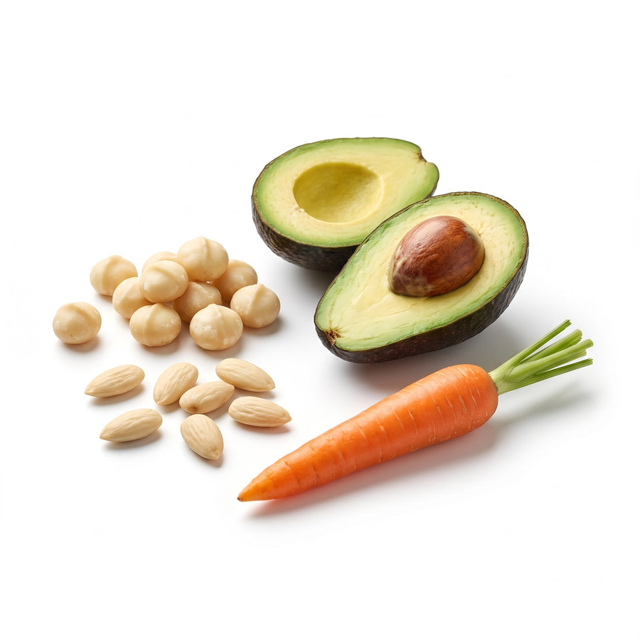 Macadamia nuts, blanched almonds, a halved avocado and a carrot, the oils behind the Floramac 10 Hair Serum