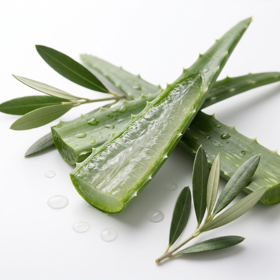 Sliced aloe vera leaves and olive sprigs on a white background, the key plant actives in the Vegan Biotin Shampoo