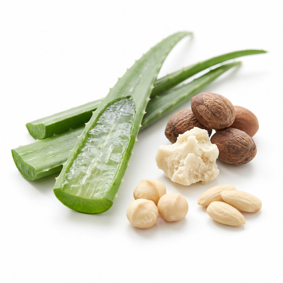 Aloe vera leaves, shea nuts and butter, macadamia nuts and almonds, the plant ingredients across the shampoo, conditioner and serum trio